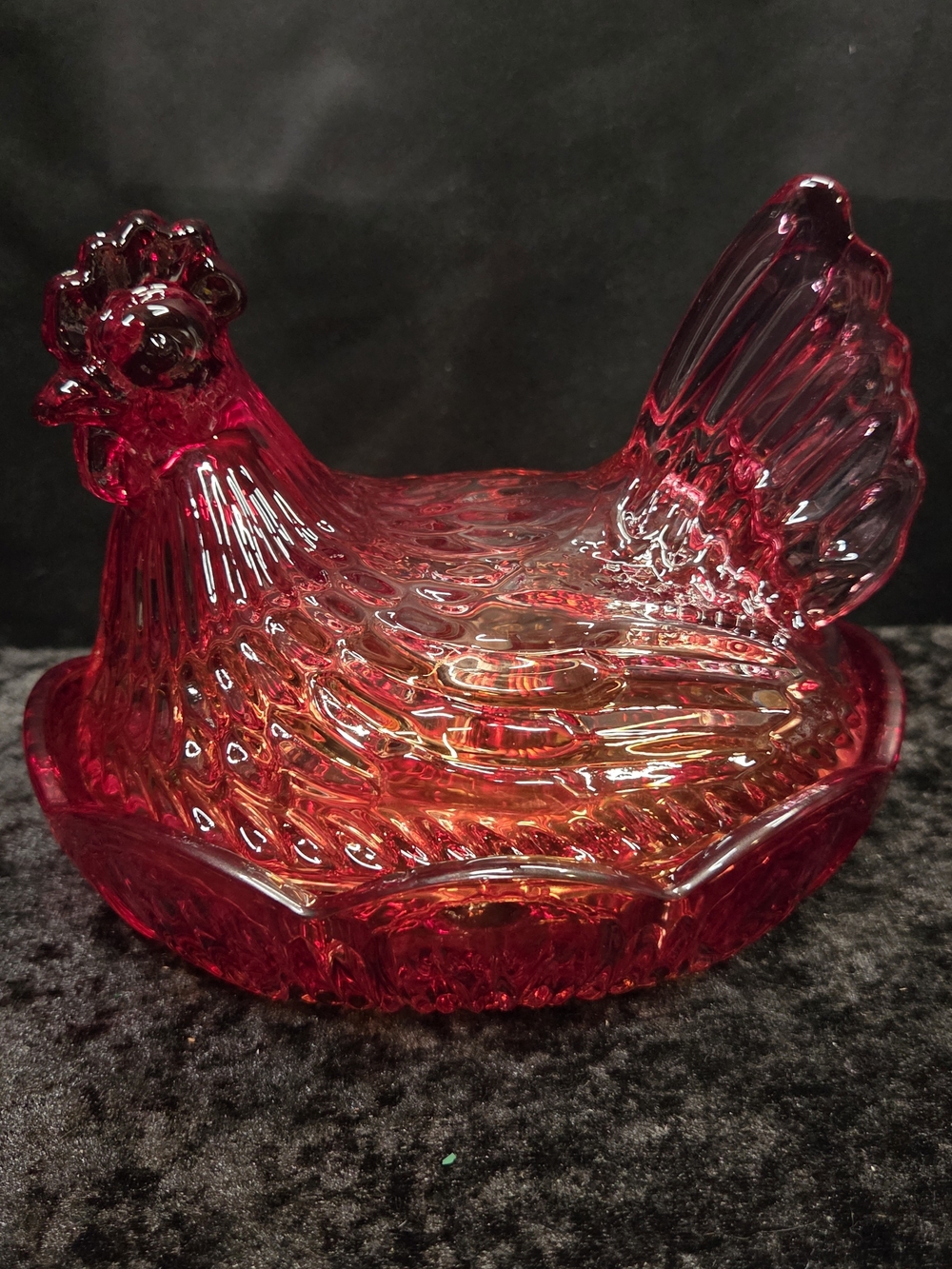 NEW  Red/Yellow  Glass Hen Chicken Nest 7” W x 8.5” L x 7” H  Candy Display Dish